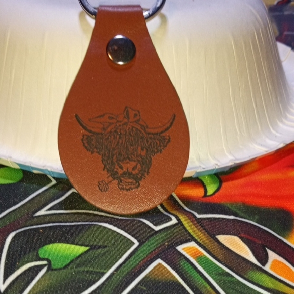 Brown Leather Keychain with Highland Cow